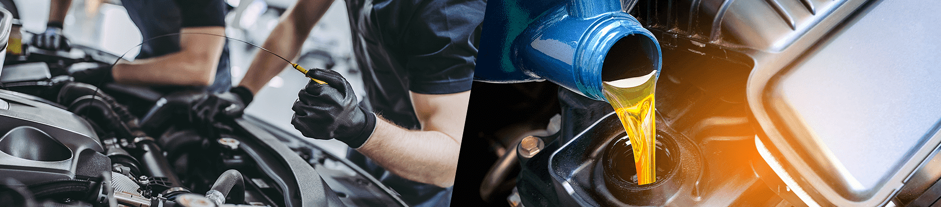 split photo. Mechanic checking engine oil level on left. Mechanic pouring oil into the engine, on the right
